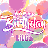 A vibrant name GIF featuring colorful balloons in shades of pink, orange, and yellow with the bold text 'Happy Birthday Lillia' in festive fonts, creating a lively birthday vibe.