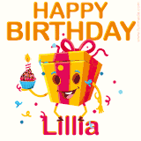 A vibrant and funny gift box character with a happy face dancing with a cupcake and the text 'Happy Birthday Lillia,' surrounded by animated confetti and party vibes.