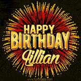 Golden 'Happy Birthday Lillian' text accompanied by animated rainbow fireworks for a festive animated greeting.