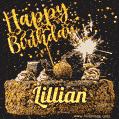 Celebrate Lillian's birthday with a GIF featuring chocolate cake, a lit sparkler, and golden stars