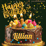 A delightful chocolate birthday cake with bright candles and 'Happy Birthday Lillian' written in gold amidst a shower of animated stars.
