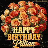 Animated bouquet of orange roses with moving butterfles and golden 'Happy Birthday Lillian' text, surrounded by sparkling accents and a dark backdrop for a luxurious feel.