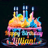 A mesmerizing animated cake with multicolor frosting and candles, and the words 'Happy Birthday Lillian' on the black background.