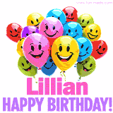 Animated colorful and joyful birthday balloons with cheerful smiles and a bright 'Happy Birthday Lillian!' message in pink and purple.