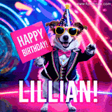 Animated GIF of a cool dog wearing a suit and sunglasses, holding a 'Happy Birthday' sign for Lillian, set against a bright and colorful neon party background.
