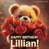 Cinematic style cute animated teddy bear with charming features holding a large bouquet of red roses, the words say 'Happy Birthday Lillian' in sans serif font.