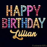Vibrant luxury birthday greeting card for Lillian, showing glittering gemstone letters and golden calligraphy on a dark background with twinkling shine effects.