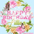 A charming animated GIF featuring 'Happy Birthday Lillian' in pink and green text, surrounded by delicate roses, leaves, and fluttering butterflies on a soft light blue pastel background.