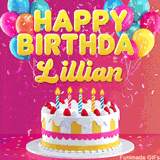 Pink-themed animated greeting with balloons, confetti, and a frosted cake under the message 'Happy Birthday Lillian' in bold rounded yellow font.