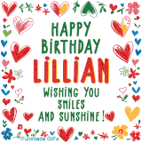 A colorful animated card for Lillian’s birthday featuring playful hearts, cheerful flowers, and a handwritten message wishing smiles and sunshine.