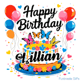 An animated birthday card for Lillian. It features a festive cake with her name, 'Lillian', and colorful butterflies. Floating balloons and hearts complete the joyful scene.