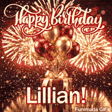 Cute gift-themed animated image showing a red present and shiny balloons for Lillians special day.