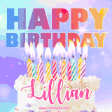 A vibrant animated name GIF with the words 'Happy Birthday Lillian' with colorful candles on a creamy cake. The background sparkles with pastel shades, adding a festive touch.