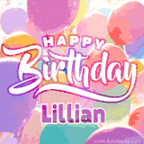 A vibrant name GIF featuring colorful balloons in shades of pink, orange, and yellow with the bold text 'Happy Birthday Lillian' in festive fonts, creating a lively birthday vibe.