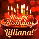 Beautifully decorated red velvet berry birthday cake with vibrant fruits and a glowing 'Lilliana' name, adding a touch of sweetness and sparkle.