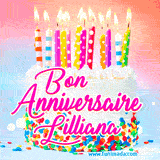 A white birthday cake covered in colorful sprinkles, topped with bright candles, and French text 'Bon Anniversaire Lilliana' on a pastel gradient background in an animated GIF.