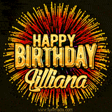 Golden 'Happy Birthday Lilliana' text accompanied by animated rainbow fireworks for a festive animated greeting.