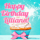 A festive cupcake with pink icing, a gingham bow, and a lit animated sparkler, paired with 'Happy Birthday Lilliana!' in bright pink text.