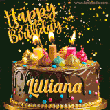 A delightful chocolate birthday cake with bright candles and 'Happy Birthday Lilliana' written in gold amidst a shower of animated stars.