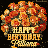 Animated bouquet of orange roses with moving butterfles and golden 'Happy Birthday Lilliana' text, surrounded by sparkling accents and a dark backdrop for a luxurious feel.