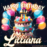 Bright birthday animation for Lilliana with a chocolate cake, candles, balloons, and glowing celebratory lights.