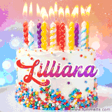 A cheerful white birthday cake with multicolor sprinkles, lit candles, and 'Lilliana' written in vibrant letters, in an animated GIF.