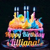 A mesmerizing animated cake with multicolor frosting and candles, and the words 'Happy Birthday Lilliana' on the black background.