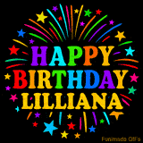 Personalized greeting card with name, colorful text that says 'Happy Birthday Lilliana' surrounded by animated fireworks and multicolor stars