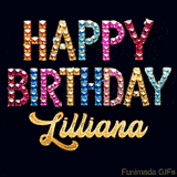Vibrant luxury birthday greeting card for Lilliana, showing glittering gemstone letters and golden calligraphy on a dark background with twinkling shine effects.