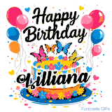 An animated birthday card for Lilliana. It features a festive cake with her name, 'Lilliana', and colorful butterflies. Floating balloons and hearts complete the joyful scene.