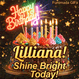 Burning birthday candles on top of a chocolate drip cake with the text Shine Bright Today! at the base, personalized for Lilliana.