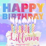 A vibrant animated name GIF with the words 'Happy Birthday Lilliana' with colorful candles on a creamy cake. The background sparkles with pastel shades, adding a festive touch.