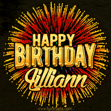 Golden 'Happy Birthday Lilliann' text accompanied by animated rainbow fireworks for a festive animated greeting.