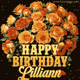 Animated bouquet of orange roses with moving butterfles and golden 'Happy Birthday Lilliann' text, surrounded by sparkling accents and a dark backdrop for a luxurious feel.