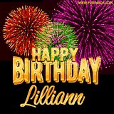 A golden 'Happy Birthday Lilliann' message with vibrant fireworks in the background, creating a festive and celebratory vibe in this animated name GIF.