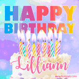 A vibrant animated name GIF with the words 'Happy Birthday Lilliann' with colorful candles on a creamy cake. The background sparkles with pastel shades, adding a festive touch.