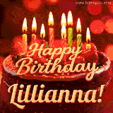 Beautifully decorated red velvet berry birthday cake with vibrant fruits and a glowing 'Lillianna' name, adding a touch of sweetness and sparkle.