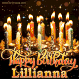 A glowing personalized birthday GIF with name Lillianna featuring lit candles with intricate designs, warm lighting, and the text 'Happy Birthday' in an elegant font.