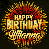 Golden 'Happy Birthday Lillianna' text accompanied by animated rainbow fireworks for a festive animated greeting.