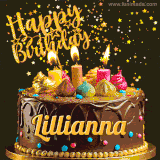 A delightful chocolate birthday cake with bright candles and 'Happy Birthday Lillianna' written in gold amidst a shower of animated stars.