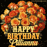 Animated bouquet of orange roses with moving butterfles and golden 'Happy Birthday Lillianna' text, surrounded by sparkling accents and a dark backdrop for a luxurious feel.