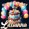 Hand-drawn happy birthday cake adorned with an arch of colorful balloons - name GIF for Lillianna