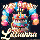 Bright birthday animation for Lillianna with a chocolate cake, candles, balloons, and glowing celebratory lights.
