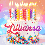 A cheerful white birthday cake with multicolor sprinkles, lit candles, and 'Lillianna' written in vibrant letters, in an animated GIF.