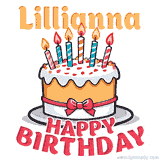 Cartoon birthday cake with a red bow, glowing candles, and 'Lillianna Happy Birthday' text in bold animated style.
