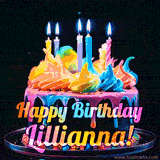 A mesmerizing animated cake with multicolor frosting and candles, and the words 'Happy Birthday Lillianna' on the black background.