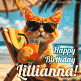 An animated orange cat wearing sunglasses, sitting on a beach chair with a tropical drink, with a festive 'Happy Birthday Lillianna!' message.