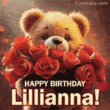 Cinematic style cute animated teddy bear with charming features holding a large bouquet of red roses, the words say 'Happy Birthday Lillianna' in sans serif font.