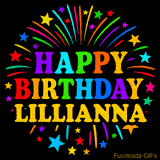 Personalized greeting card with name, colorful text that says 'Happy Birthday Lillianna' surrounded by animated fireworks and multicolor stars