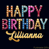 Vibrant luxury birthday greeting card for Lillianna, showing glittering gemstone letters and golden calligraphy on a dark background with twinkling shine effects.